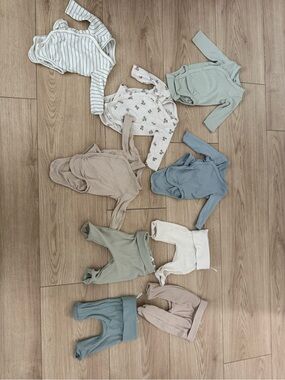 H&M Neutral Ribbed & Cotton Baby Bodysuit Set - Sage, Dusty Blue, Beige, Cream